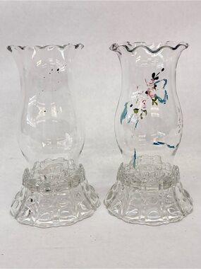 Vintage Indiana Glass Painted Hurricane Shades w/ Candle Holder Bases Lot of 2